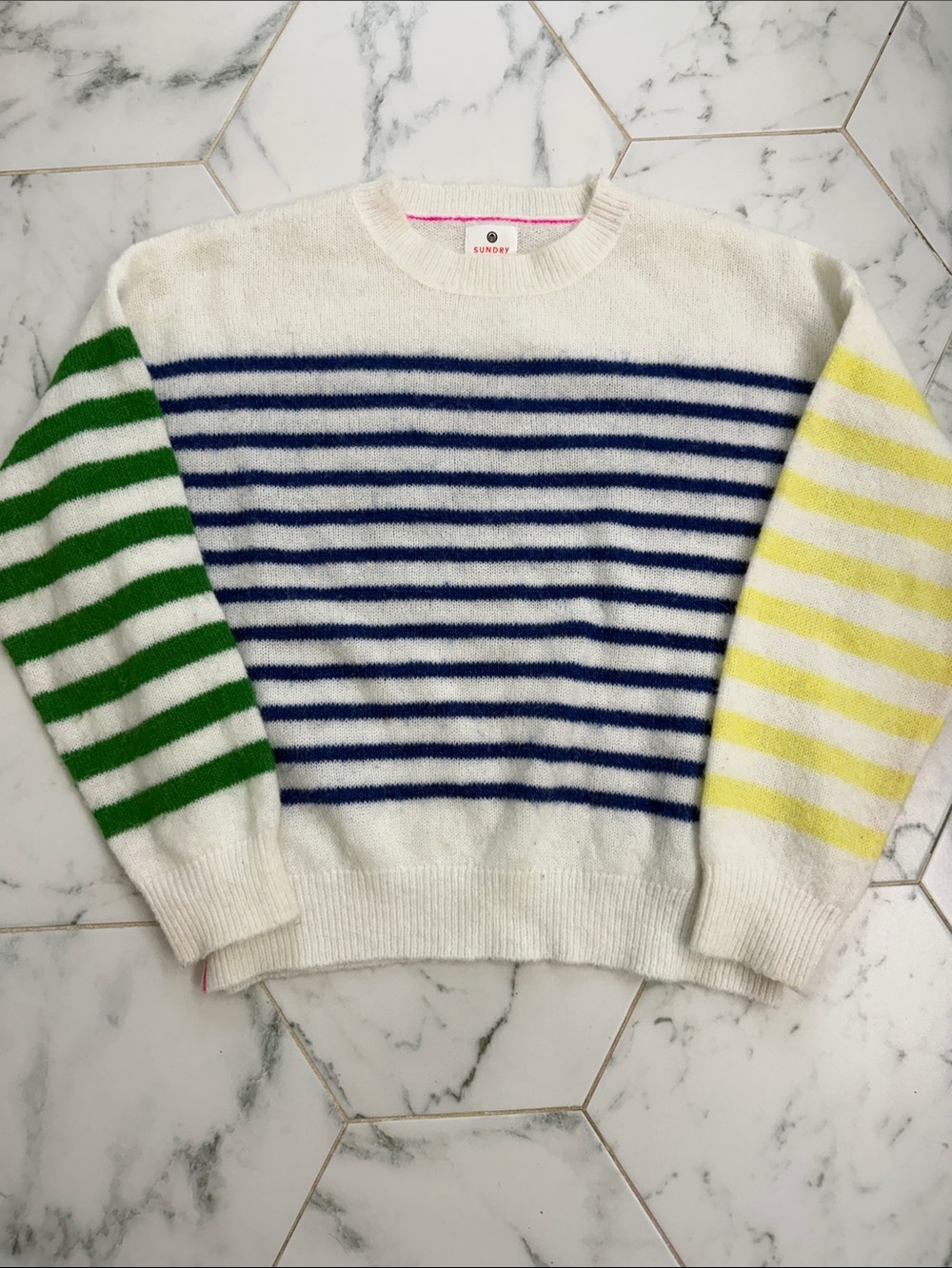 Sundry Cream Crewneck Sweater with Blue, Green & Yellow Stripes